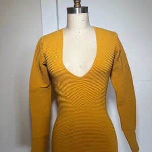 Ronny Kobo Ribbed Power Knit Midi Dress Mustard Deep V Bodycon